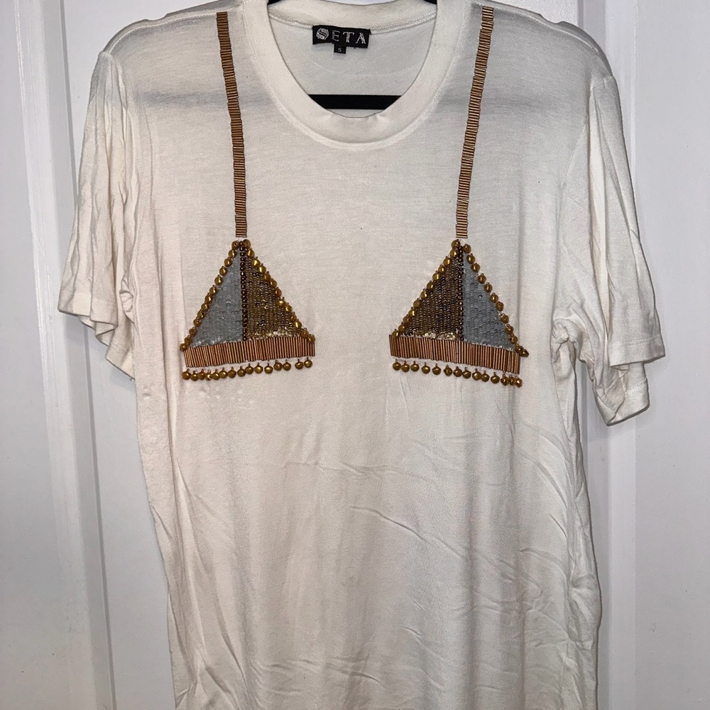 White Sequin Embellished Short Sleeve Tee